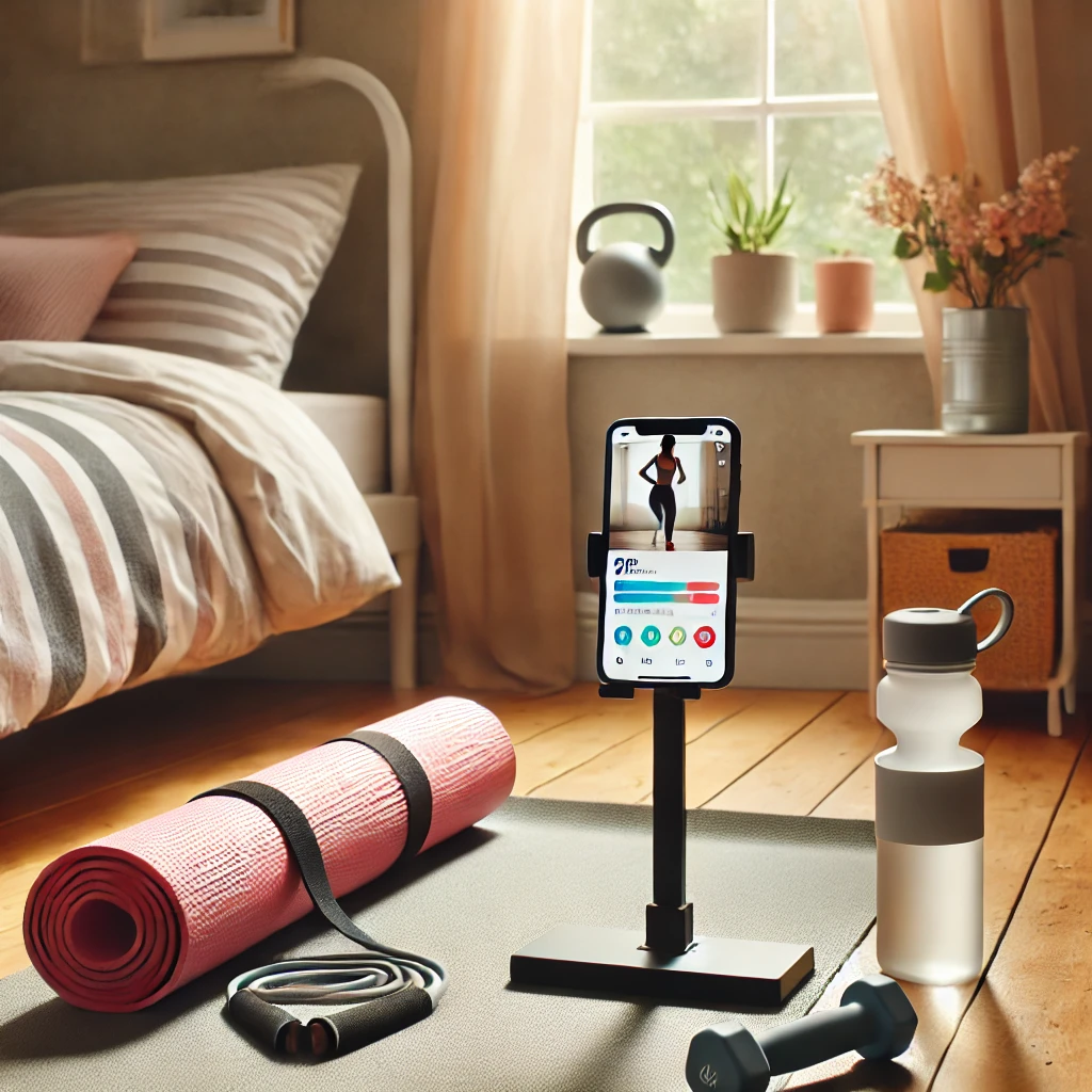 A cozy home gym setup featuring a smartphone mounted on a stand displaying a fitness app. The room includes a yoga mat, resistance bands, and a water bottle placed neatly. Soft natural light coming through a window gives a motivating and inviting vibe, perfect for at-home workouts.